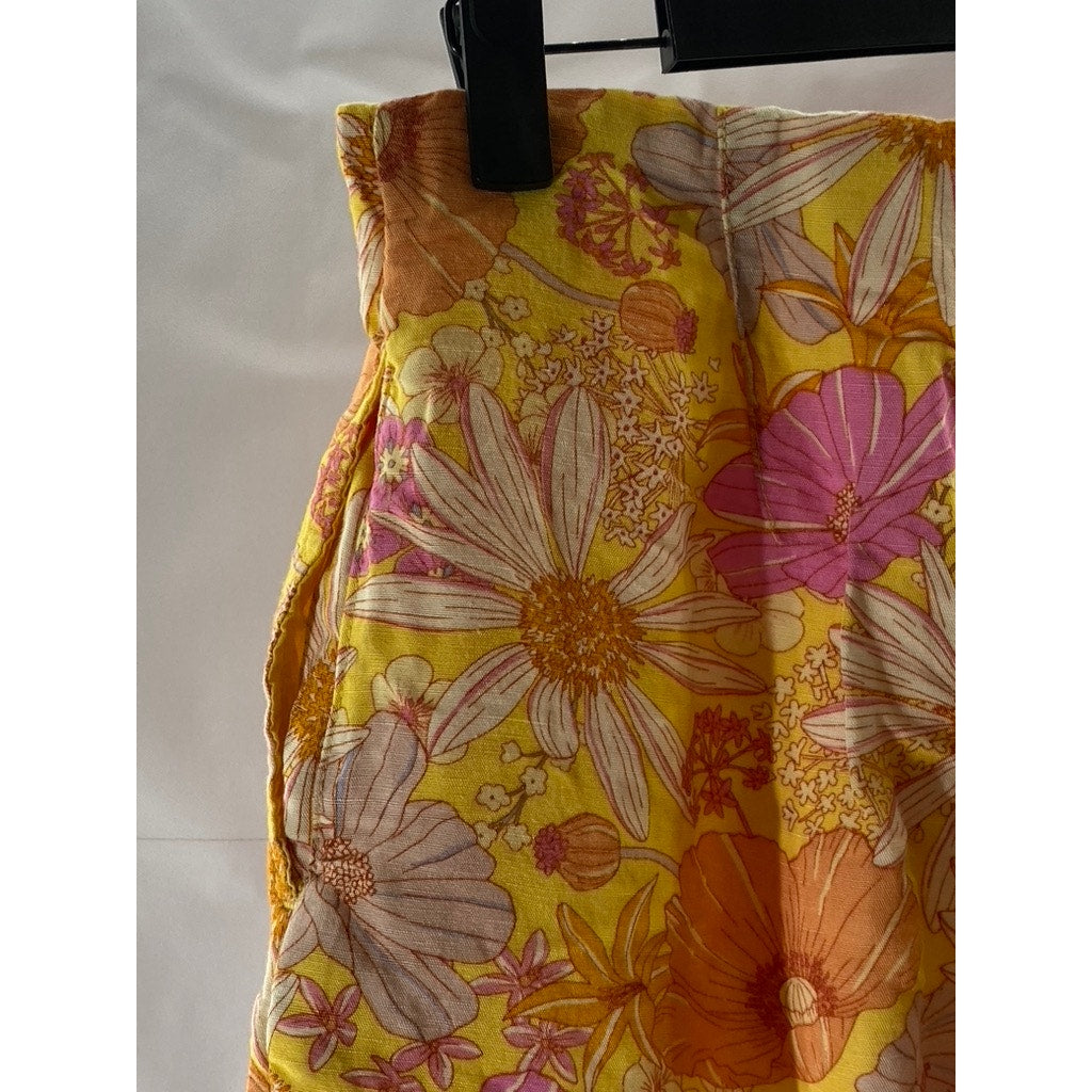 H&M Women’s Orange Floral Linen-Blend High-Waist Shorts SZ 6