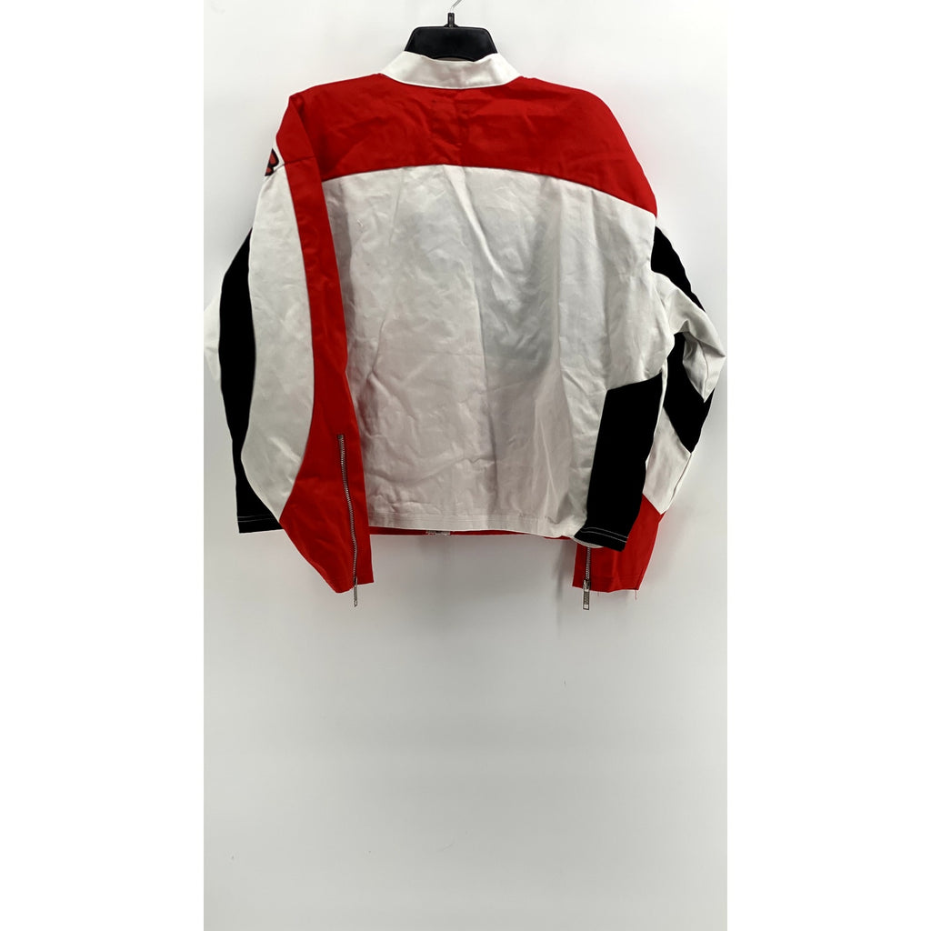 BOOHOOMAN Men's White-Red-Black Boxy Twill Funnel Neck Moto Jacket SZ XS