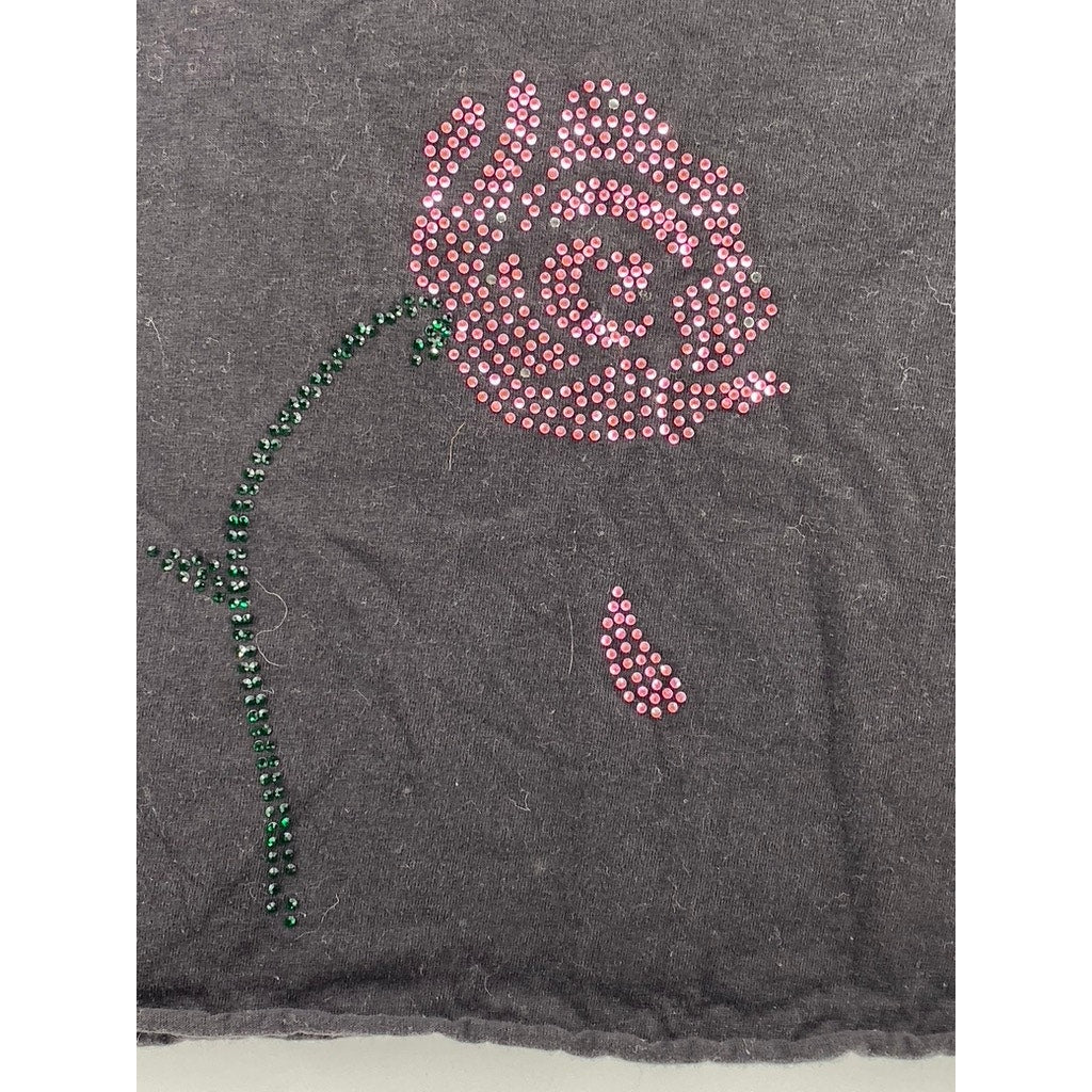 UNBRANDED Women's Black Rose Rhinestone Crewneck Short Sleeve Crop Top SZ M