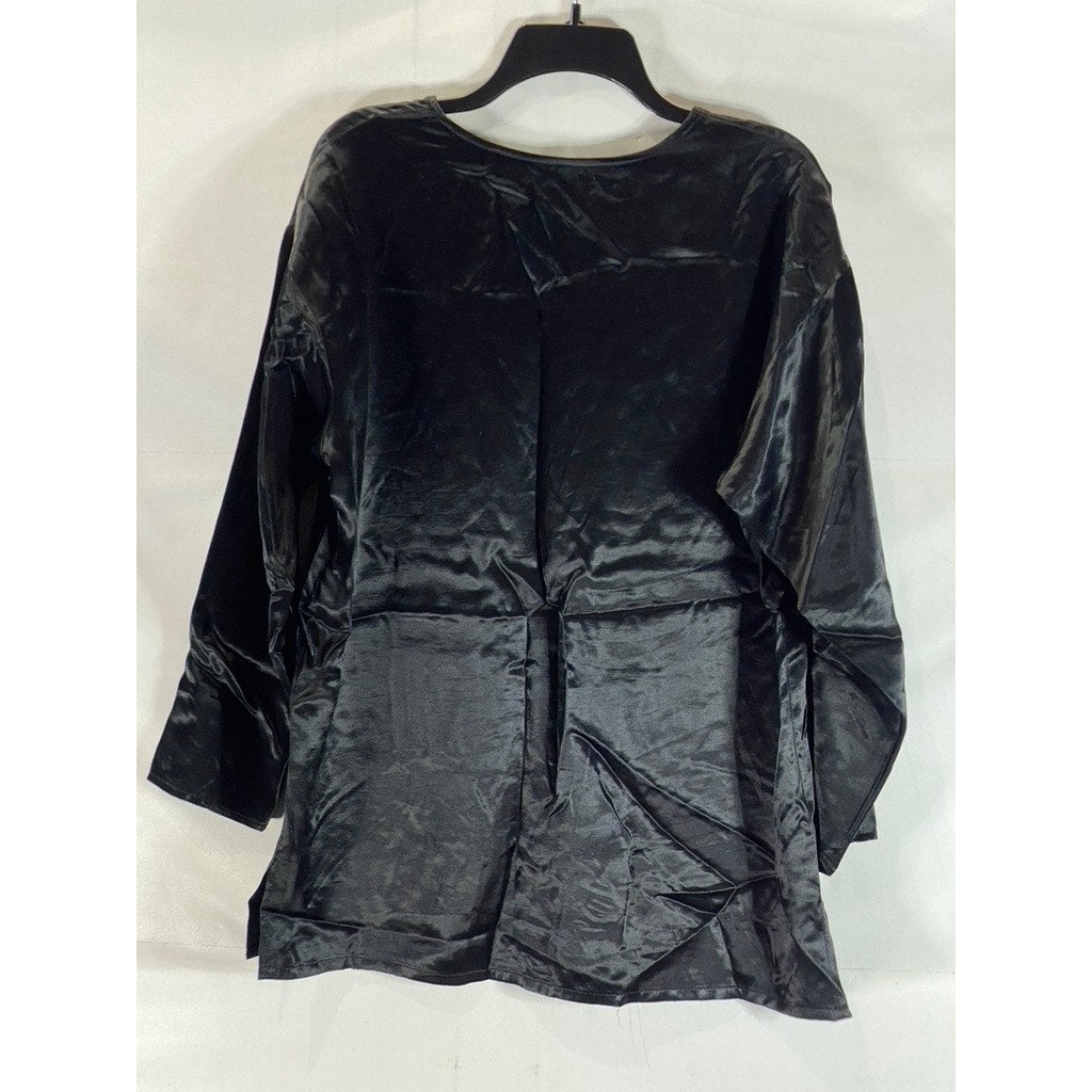 JF Women's Black Satin Crewneck Long Sleeve Lightweight Blouse SZ L