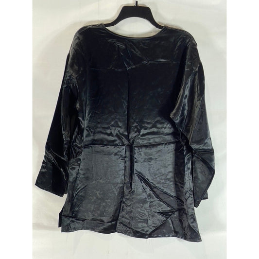 JF Women's Black Satin Crewneck Long Sleeve Lightweight Blouse SZ L