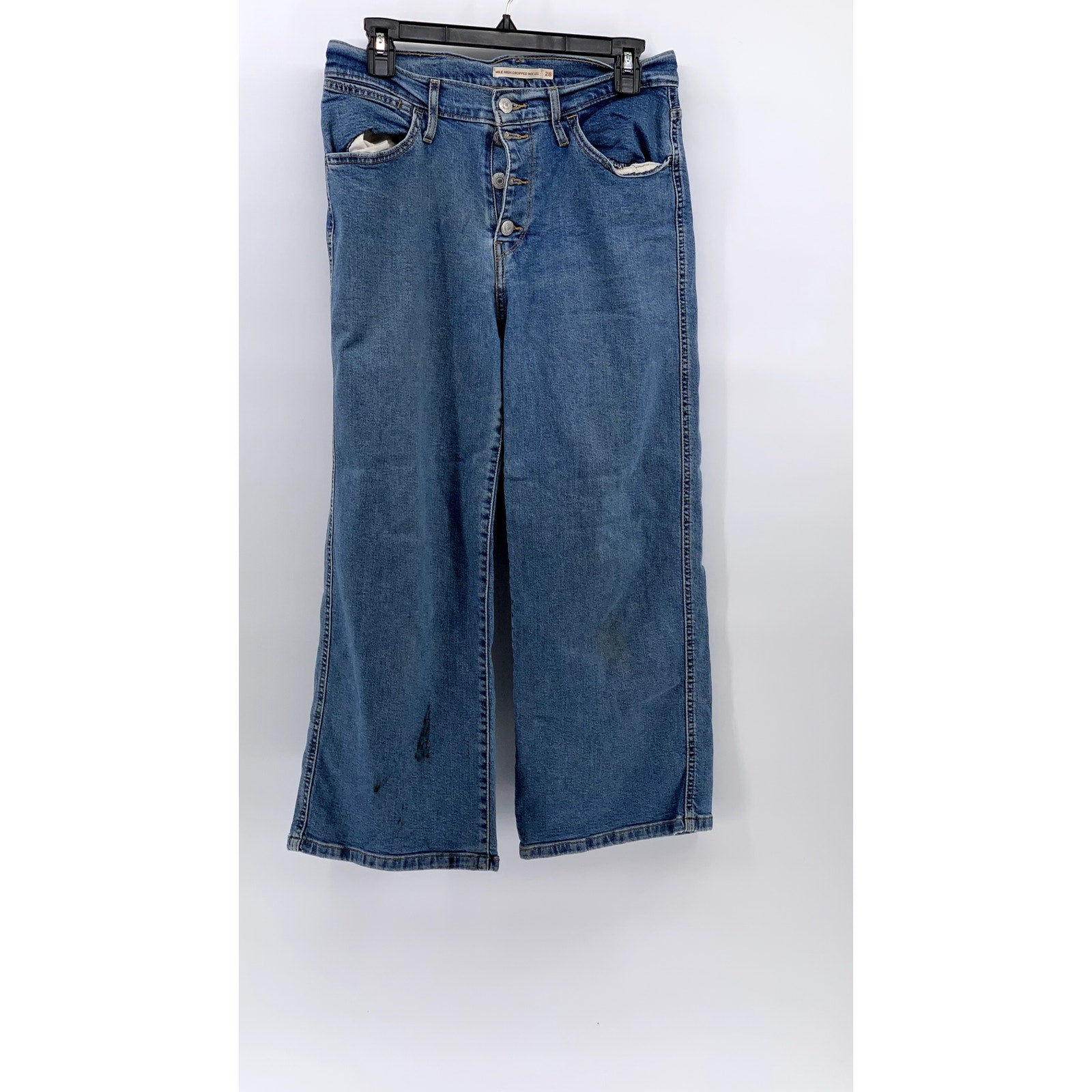 LEVI'S Women's Blue Denim Mile High Wide-Leg Button-Fly Cropped Jeans SZ 28