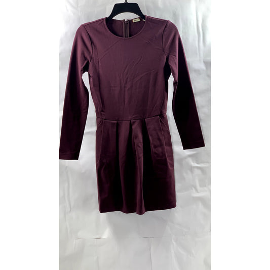 SUNDAY BEST Women's Burgundy Crewneck Long Sleeve A-Line Mini Dress SZ 2