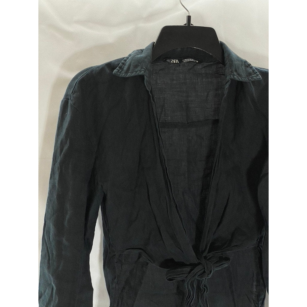 ZARA Women's Black Washed Hi-Lo Open Tie-Front Collared Long Sleeve Top SZ XS