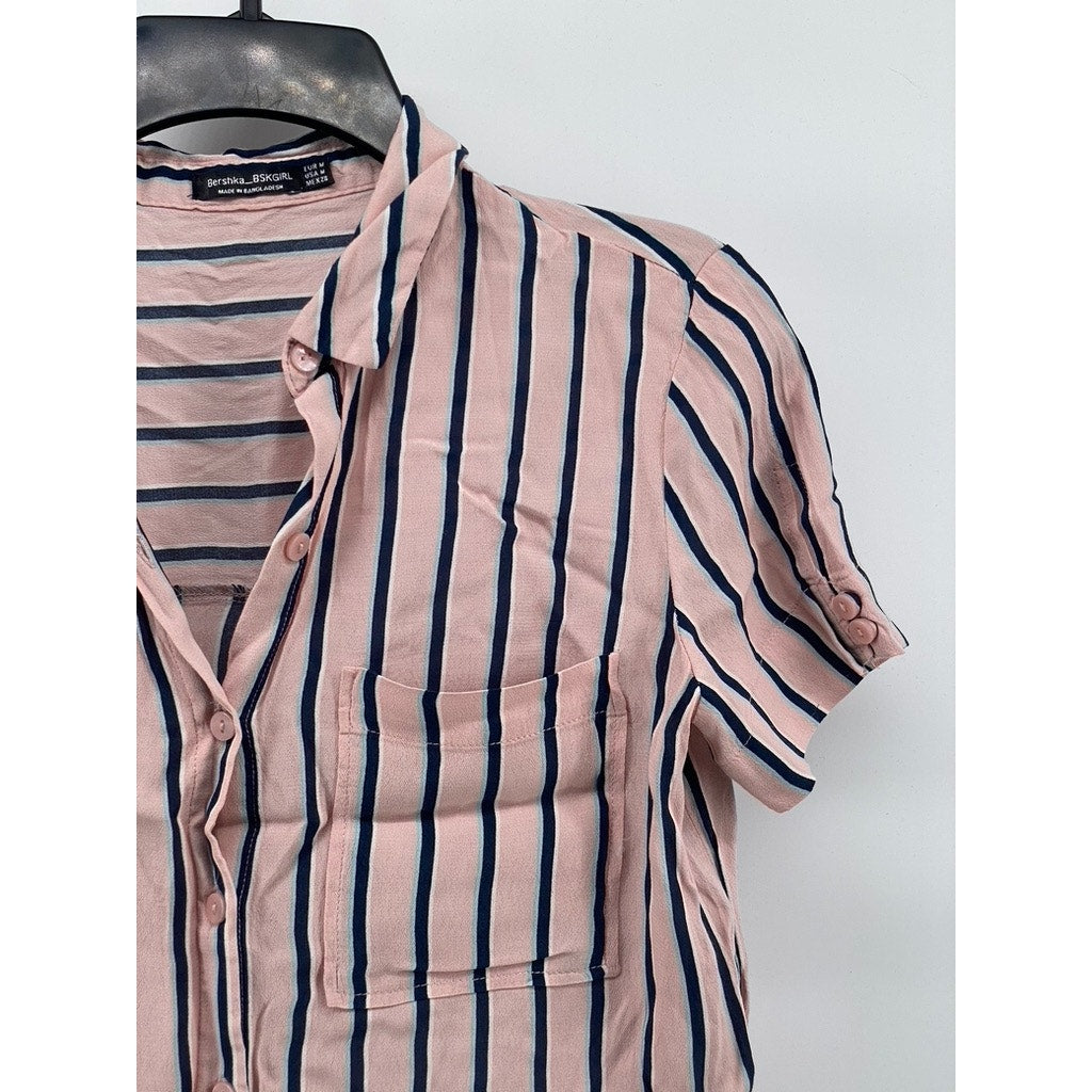 BERSHKA_BSKGIRL Women's Pink-Blue Striped Button-Up Short Sleeve Top SZ M