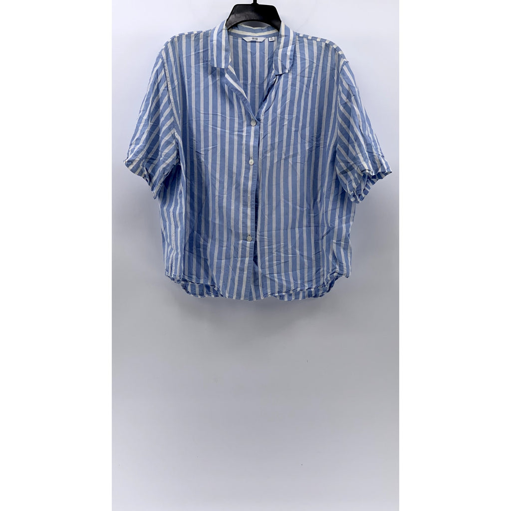 UNIQLO Women's Blue-White Striped Linen-Blend Button-Up Open-Collar Top SZ XL