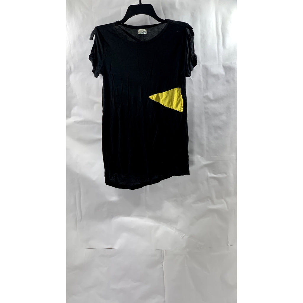 GLITZ STELLA Women's Black Crewneck Patch Triangle Cutout Short Sleeve Top SZ M