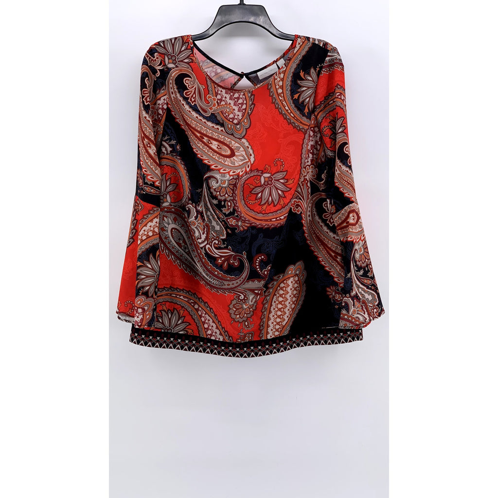 NEW YORK & COMPANY Women's Red Paisley Print Long Bell Sleeve Top SZ M