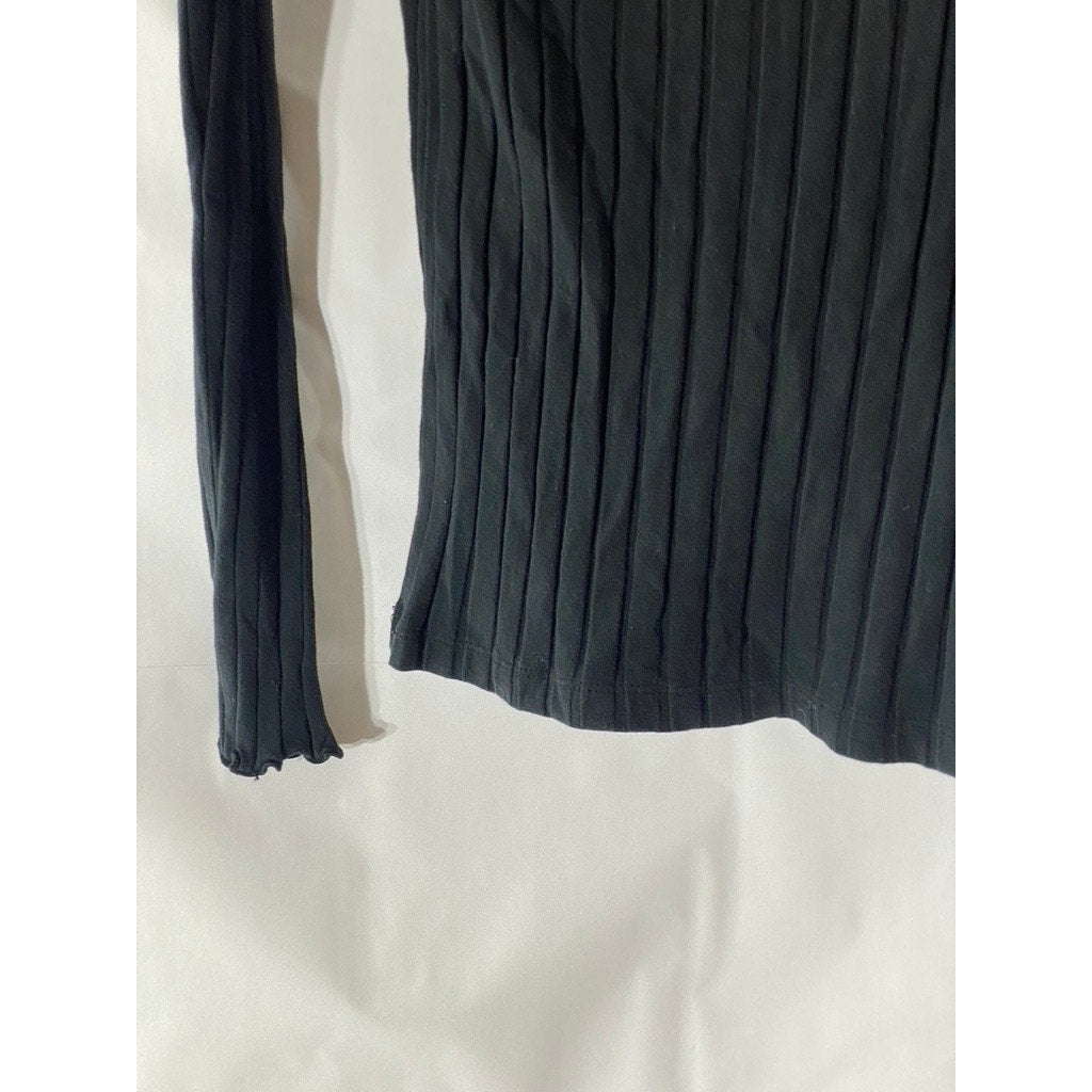 MADEWELL Women's Black Wide-Rib Lettuce-Trim Mock-Neck Long Sleeve Top SZ XS