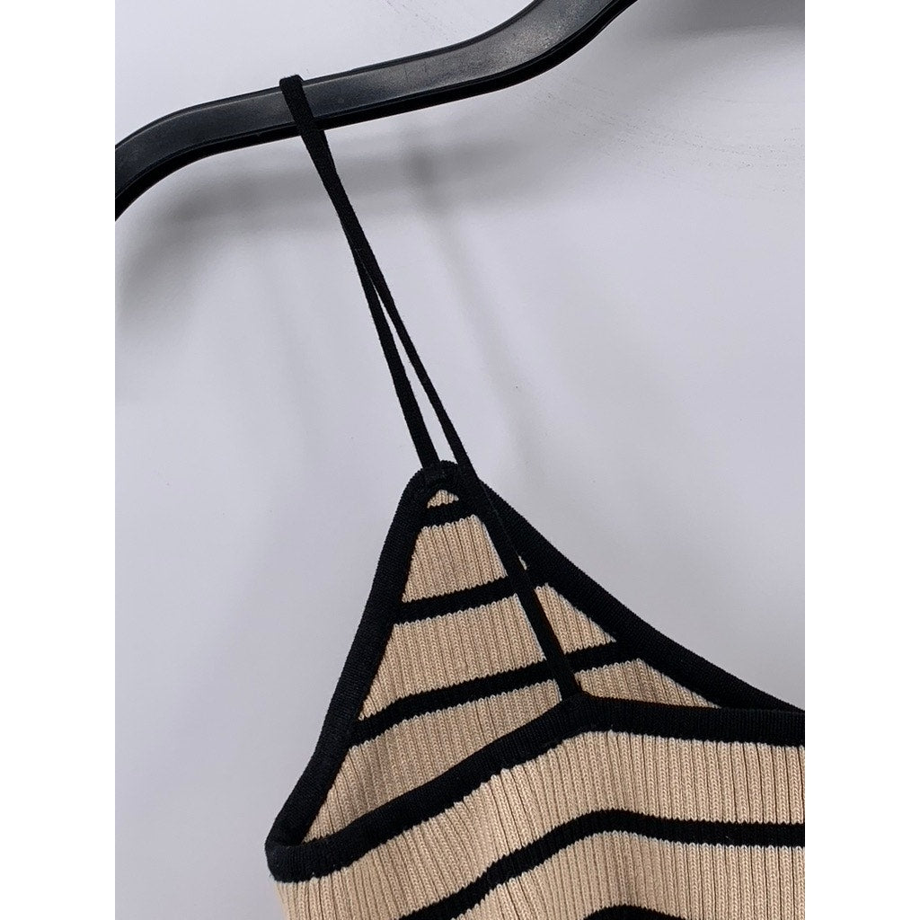 COMMENSE Women's Beige-Black Striped Spaghetti Strap V-Neck Cropped Top SZ L