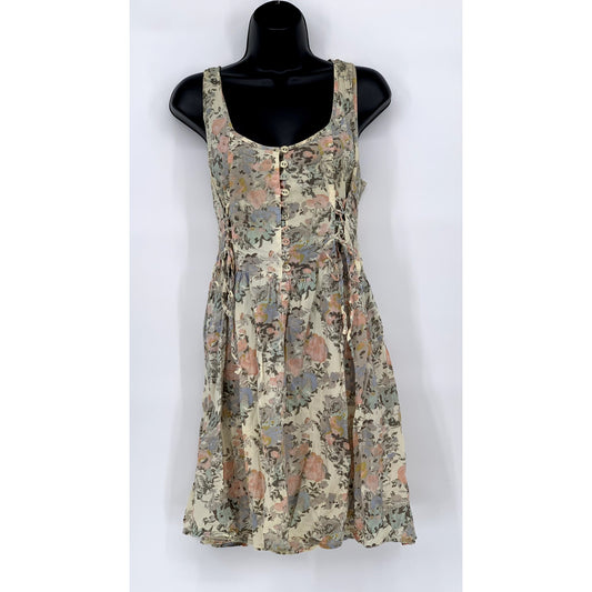 STARING AT STARS Women’s Beige Floral Boho Button-Front A-Line Mini Dress SZ L