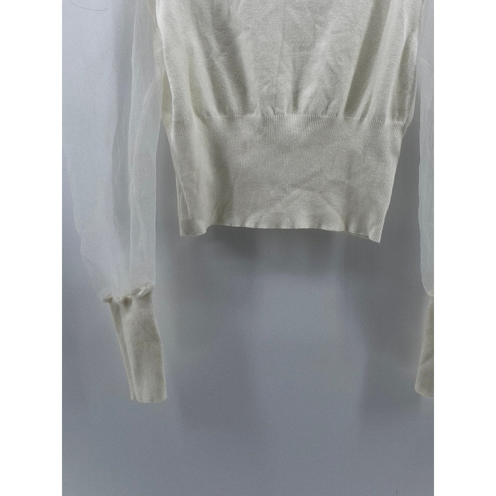 IDEM DITTO Women's White Crewneck Sheer Long Puff Sleeve Cropped Top SZ L