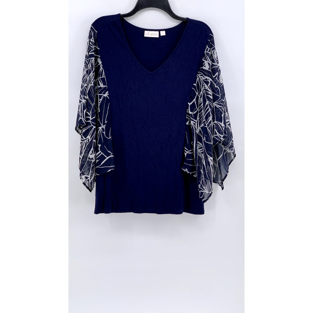 BELLE BY KIM GRAVEL Women's Dark Blue Print Drama Sleeve Top SZ M