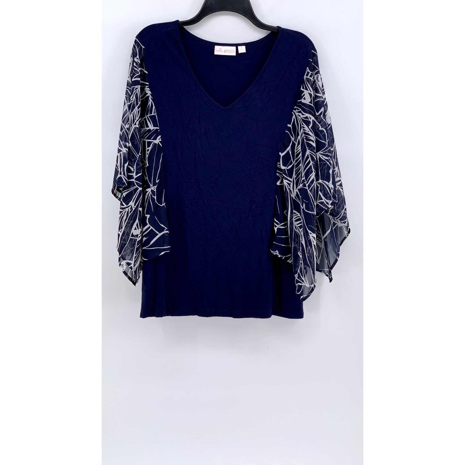 BELLE BY KIM GRAVEL Women's Dark Blue Print Drama Sleeve Top SZ M