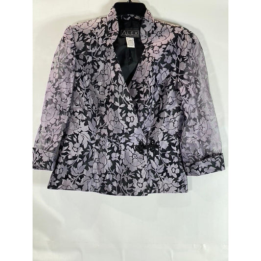 ALEX EVENINGS Women's Black/White Floral Asymmetrical One-Button Blazer SZ S