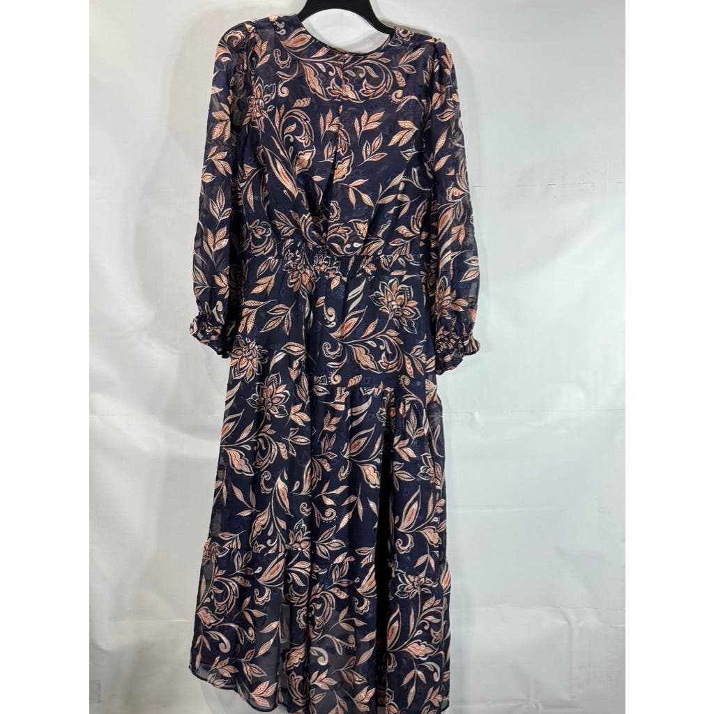 ELIZA J Women's Navy Floral Jewel Neck Tiered Chiffon Long Sleeve Dress SZ 8