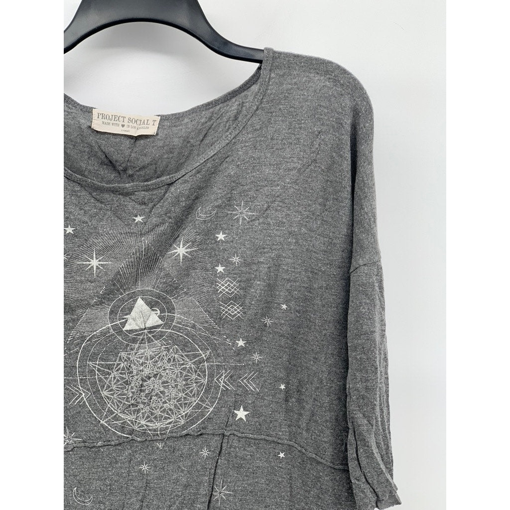 PROJECT SOCIAL T Women's Gray Scoop-Neck 3/4 Sleeve Oversized Casual Top SZ XS