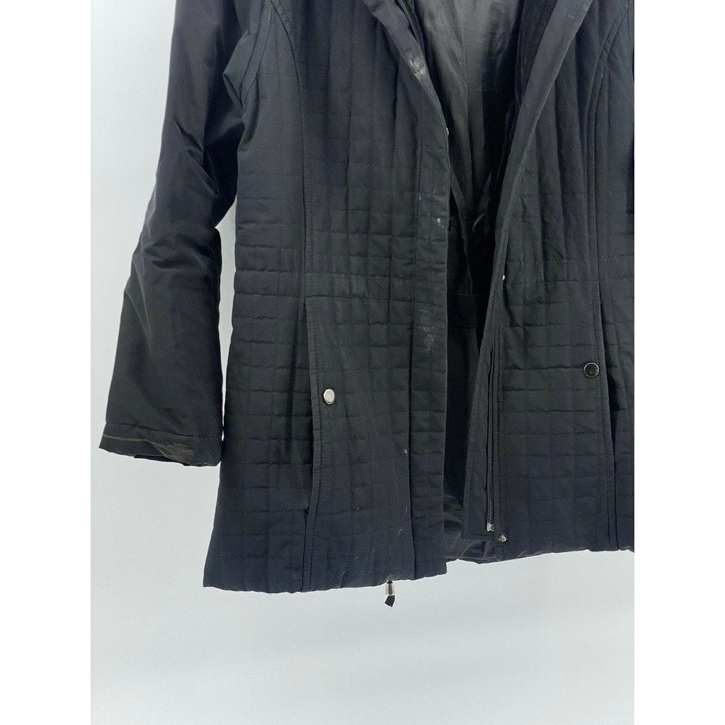 TALBOTS Women's Black Grid Velvet Trim Hooded Zip-Up Jacket SZ S