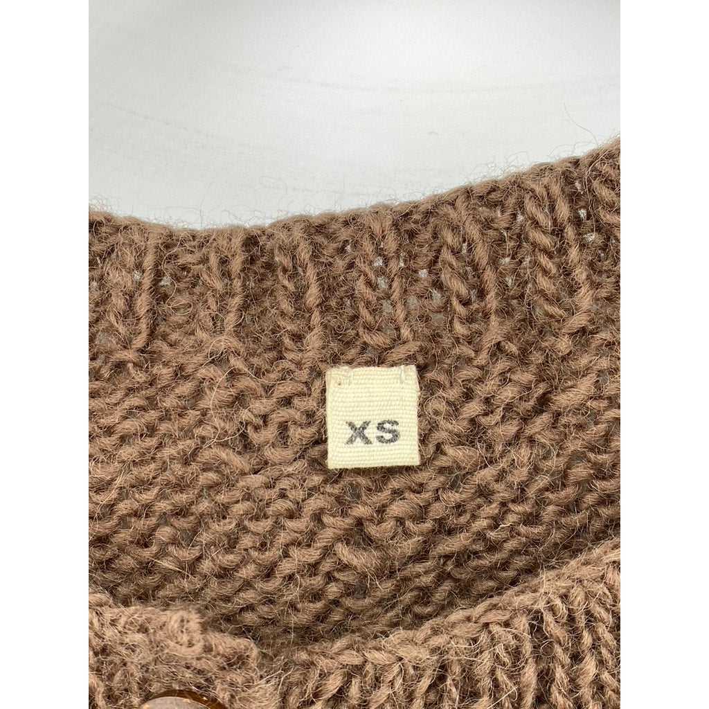 KTS Women's Brown Knit Button-Up Diamond Ball Textured Ribbed Cardigan SZ XS