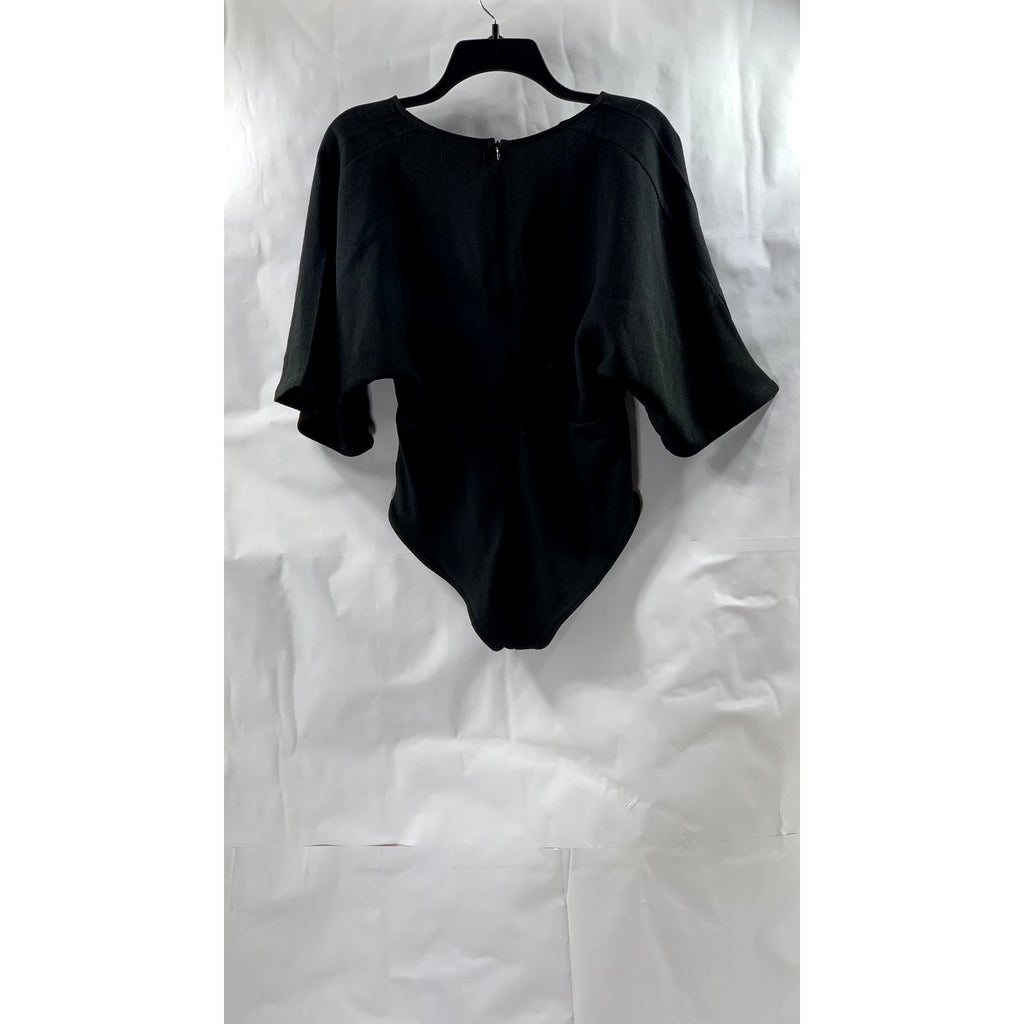 MISGUIDED Women's Black Pleated Deep V-Neck Short Sleeve Bodysuit SZ 6