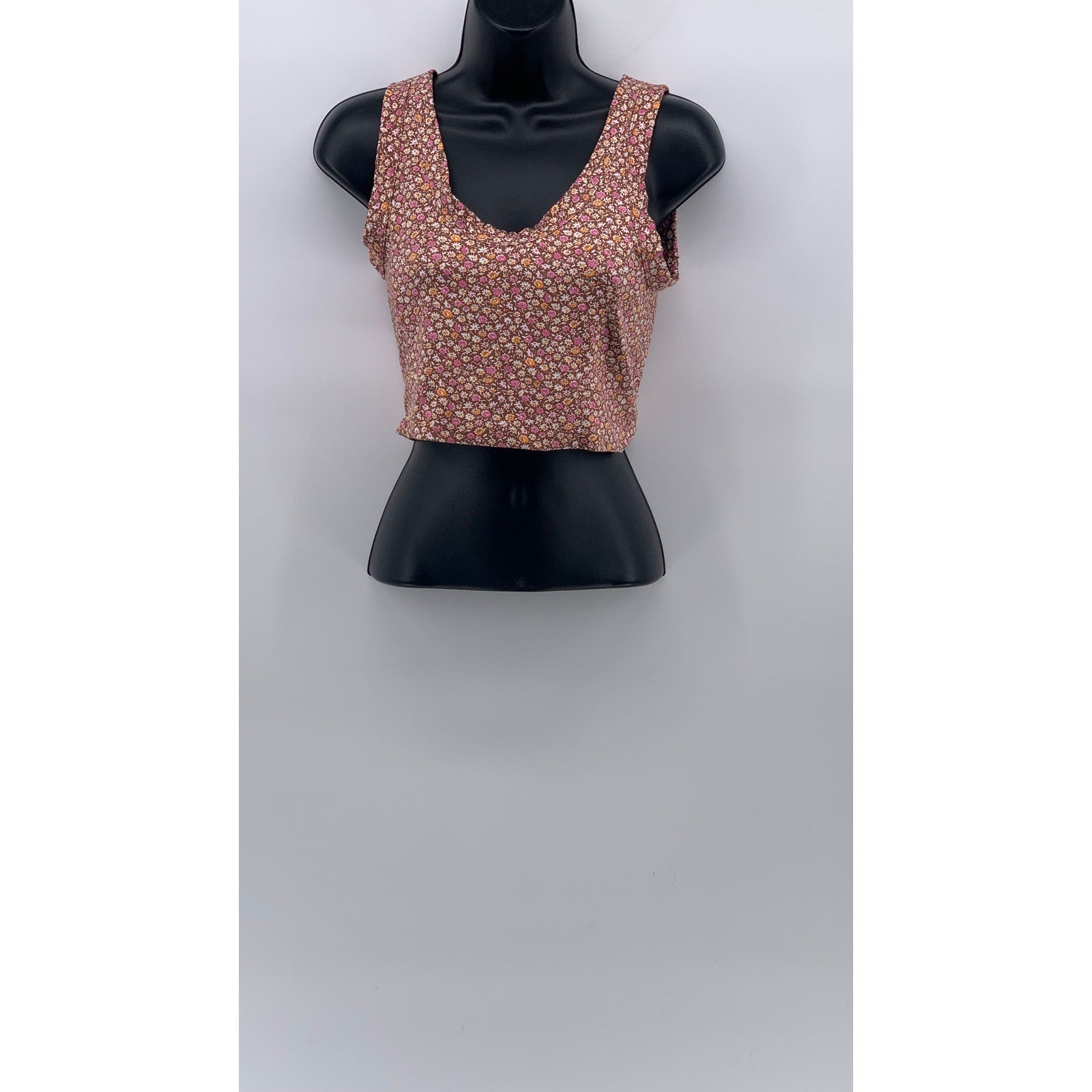 LOU & GREY Women's Brown Floral Deep Scoop-Neck Sleeveless Cropped Top SZ XS