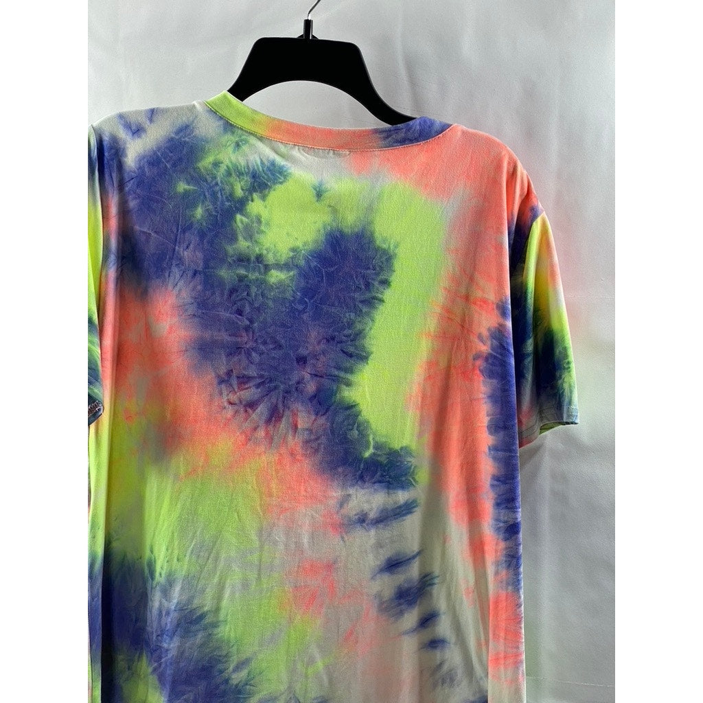 UNBRANDED Women's Multicolor Tie-Dye V-Neck Short Sleeve T-Shirt SZ XL