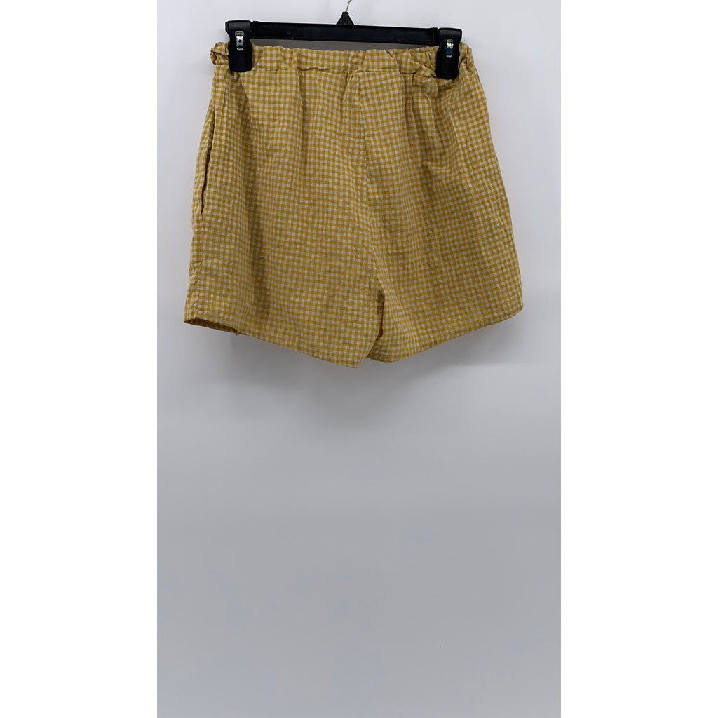 UNBRANDED Women's Yellow-White Gingham Pull-On High-Rise Casual Shorts SZ S