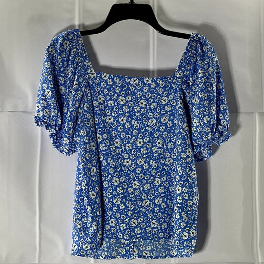 MANGO Women's Sky Blue Floral Print Puff Sleeve Button Front V-Neck Blouse SZ 4