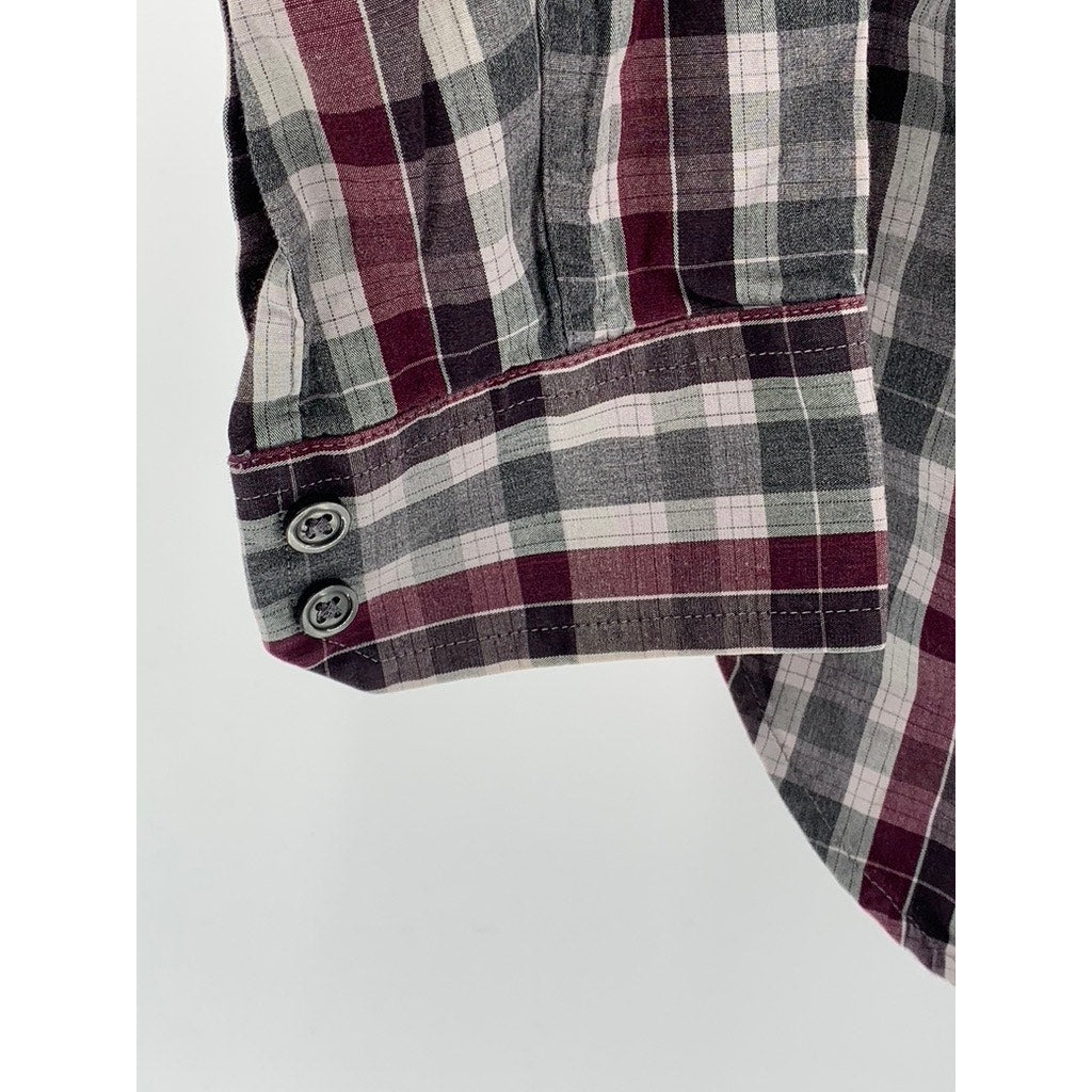 BANANA REPUBLIC Women's Gray-Burgundy Plaid Stretch Tailored Slim Fit Shirt SZ S