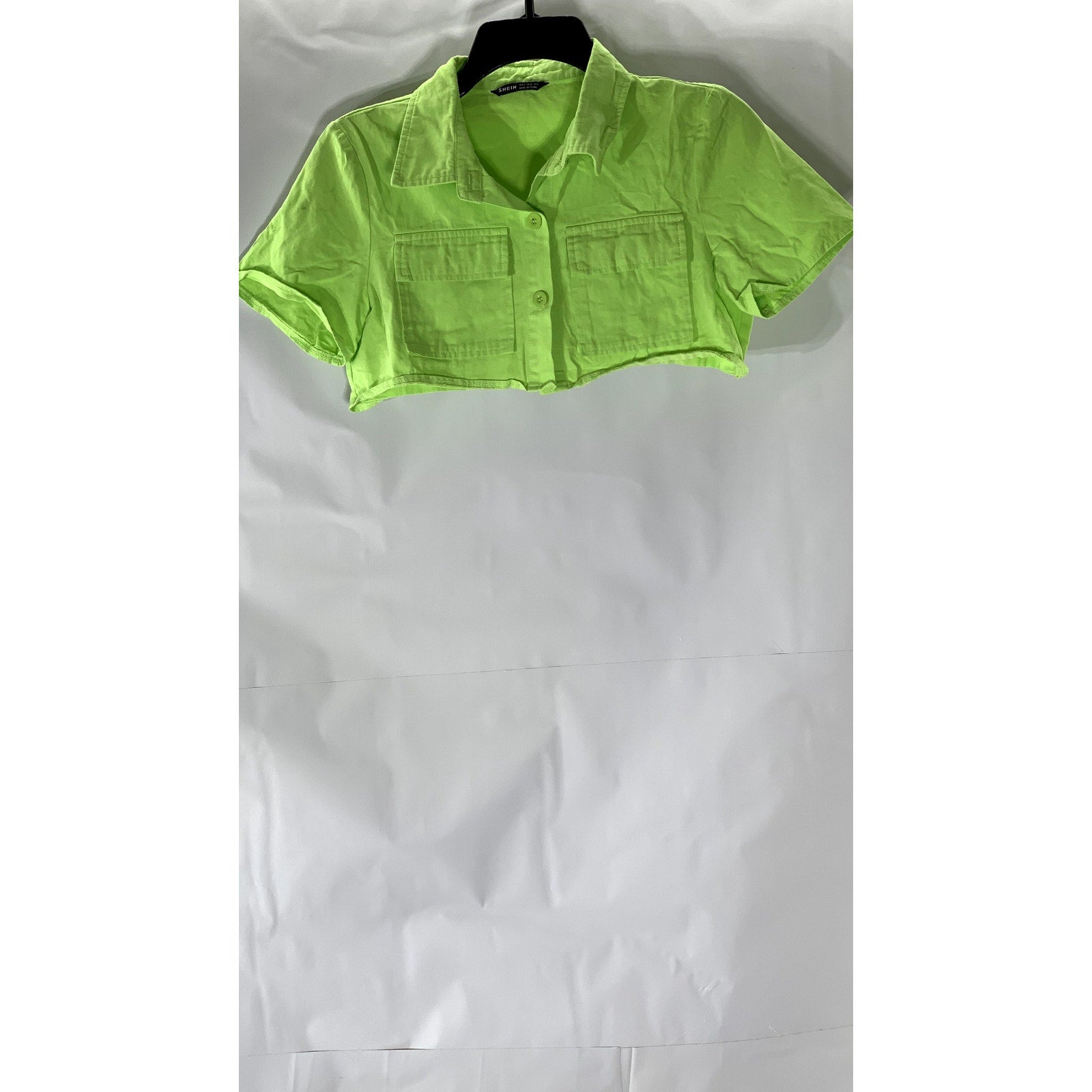 SHEIN Women's Bright Green Denim Cropped Short Sleeve Button-Up Top SZ S
