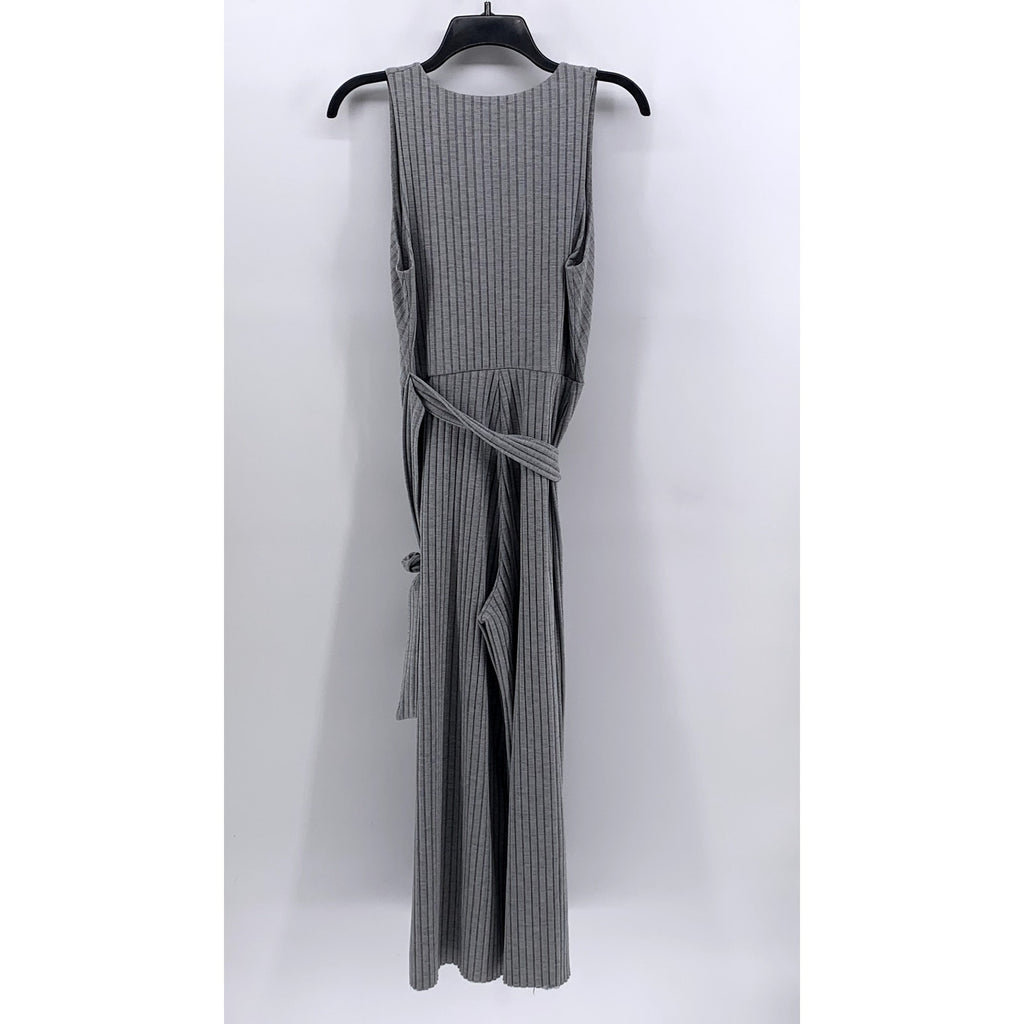 MNG Women's Gray Ribbed V-Neck Sleeveless Belted Jumpsuit SZ S