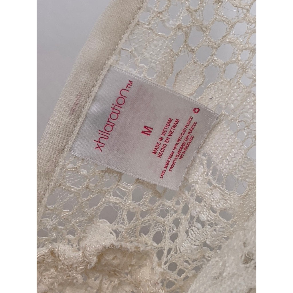 XHILARATION Women's Beige Floral Lace V-Neck Short Sleeve Swim Cover-Up SZ M
