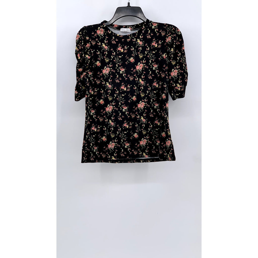 KISS Women's Black Floral Print Puff Short Sleeve Top SZ L