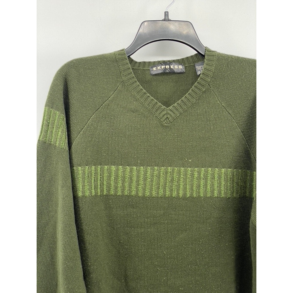 EXPRESS Men’s Dark Green V-Neck Knit Striped Long Sleeve Pullover Sweater SZ L