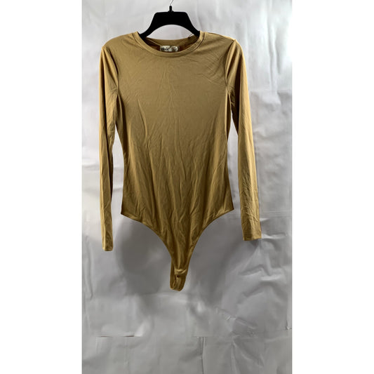 ELODIE Women's Tan Ribbed Crewneck Long Sleeve Thong Bodysuit SZ L