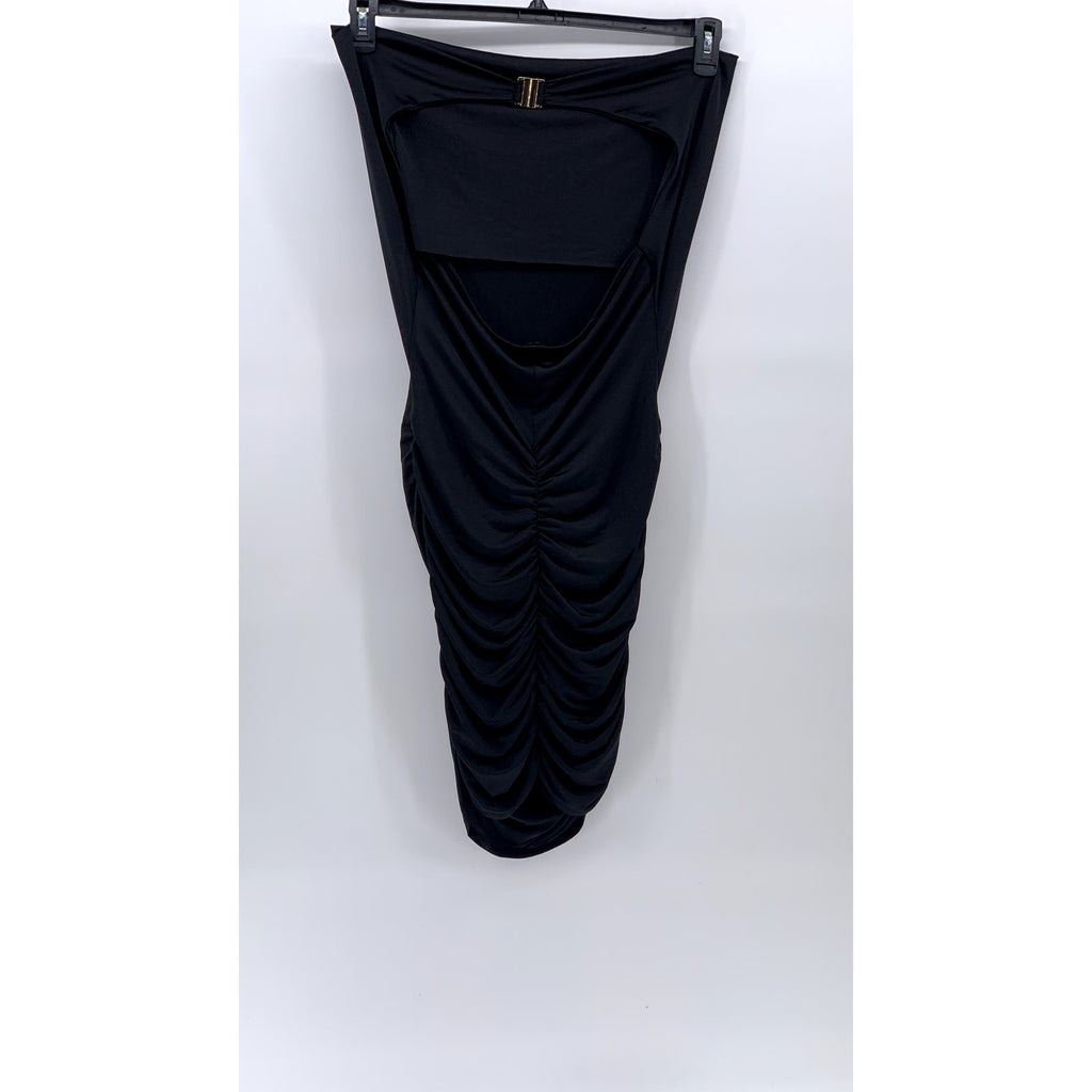 RIVER ISLAND Women's Black Strapless Ruched Bodycon Midi Dress SZ 10