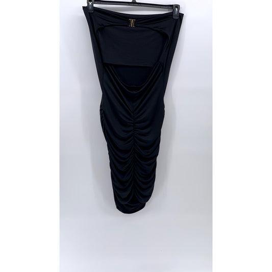 RIVER ISLAND Women's Black Strapless Ruched Bodycon Midi Dress SZ 10