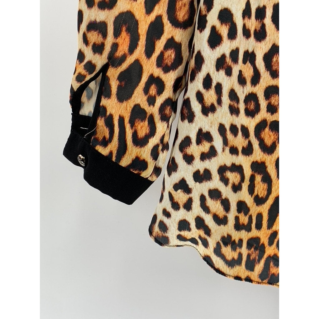 GENESE Women's Black-Brown Animal Print Long Sleeve Button-Up Top SZ 2