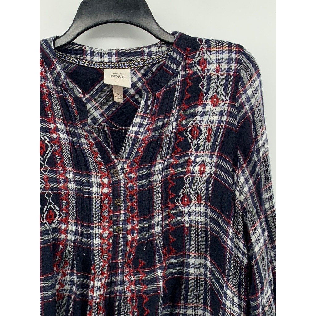 KNOX ROSE Women's Blue-Red Embroidered Popover Long Sleeve Flannel Top SZ L