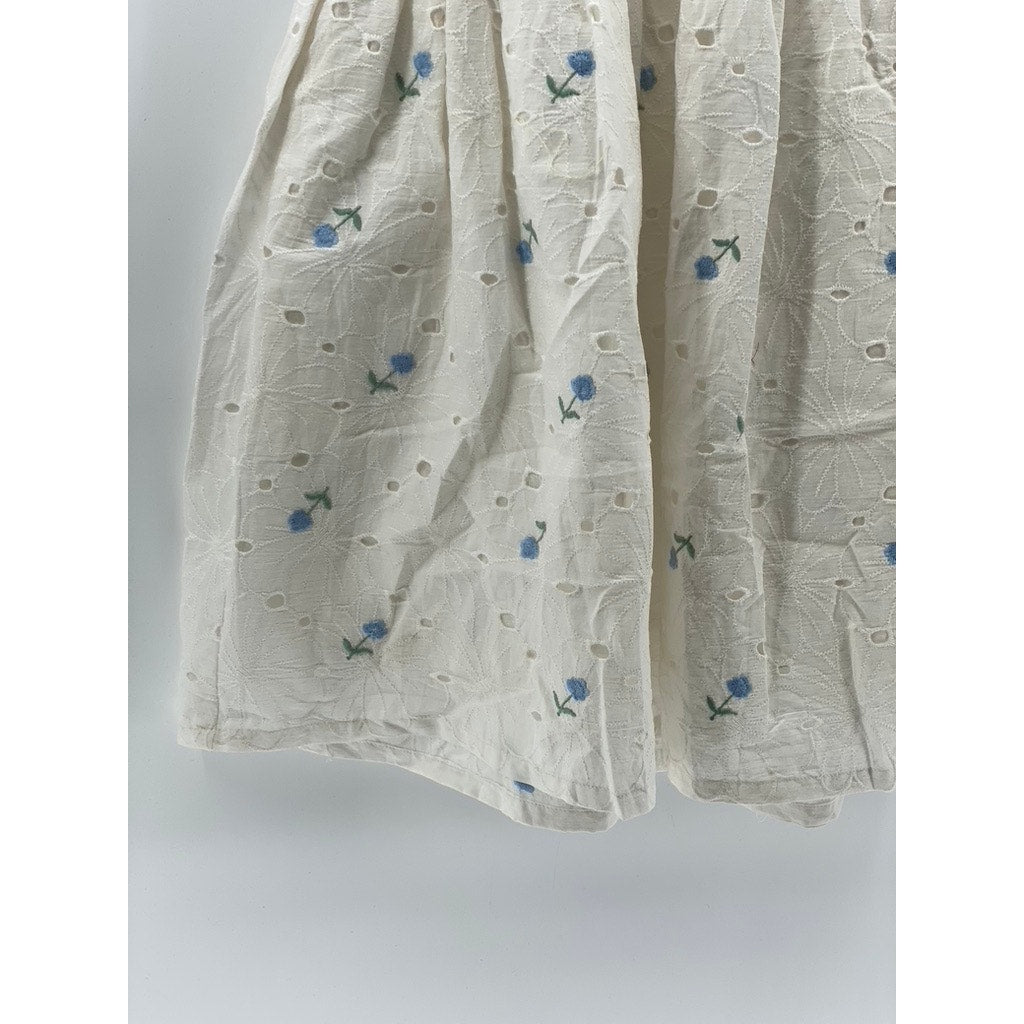 UNBRANDED Girl's White Embroidered Floral Eyelet A-Line Sleeveless Dress SZ L