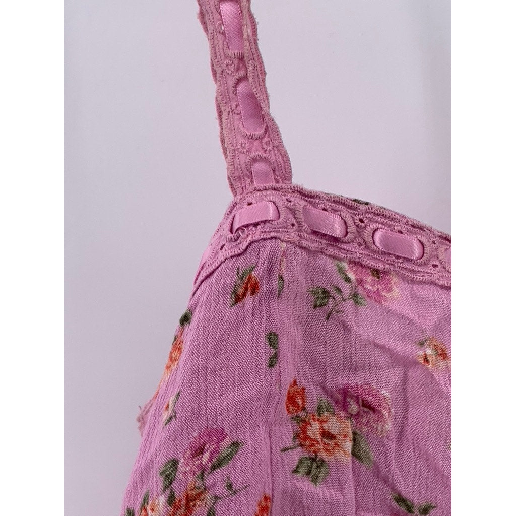 JUST POLLY Juniors' Pink Floral Printed Ribbon Trim Top SZ M