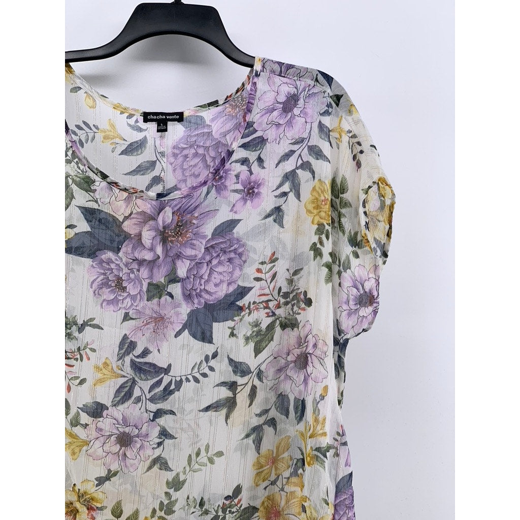 CHA CHA VENTE Women's White Floral Sheer Dress SZ L