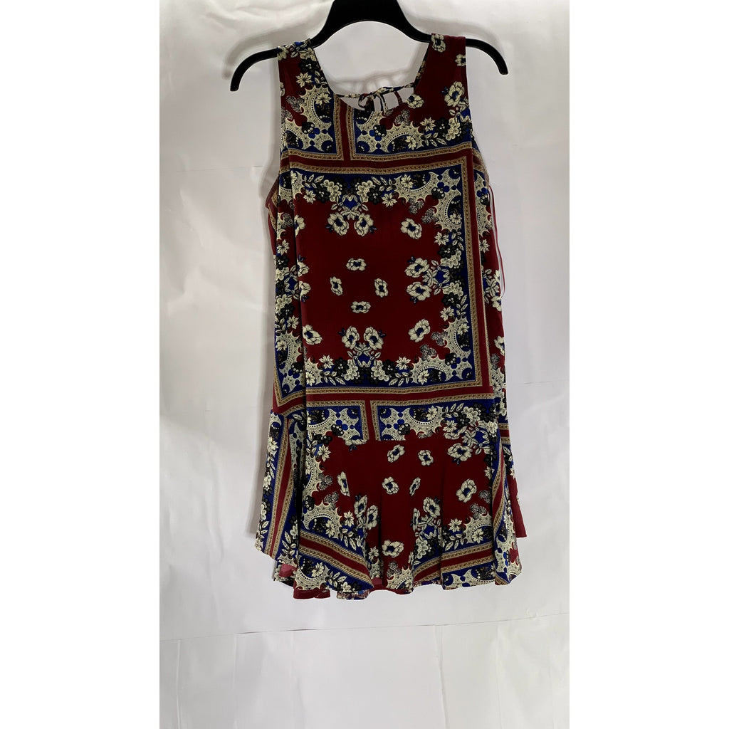 JODIFL Women's Burgundy-Beige-Blue Printed Scoop-Neck Tank Mini Dress SZ M