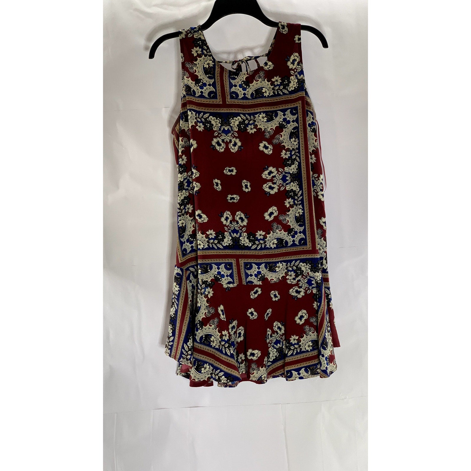 JODIFL Women's Burgundy-Beige-Blue Printed Scoop-Neck Tank Mini Dress SZ M