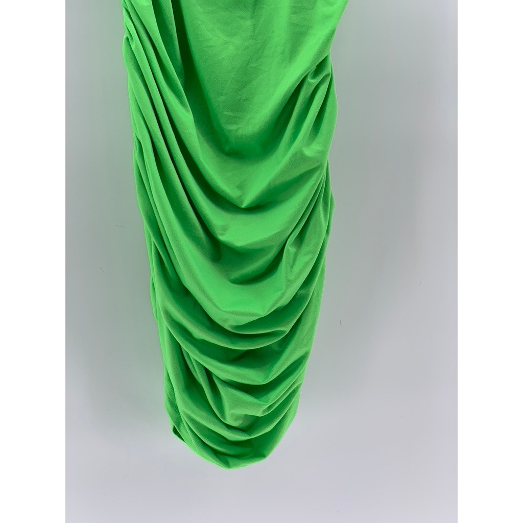 UNBRANDED Women's Lime Green Straight-Neck Ruched Bodycon Mini Dress SZ L