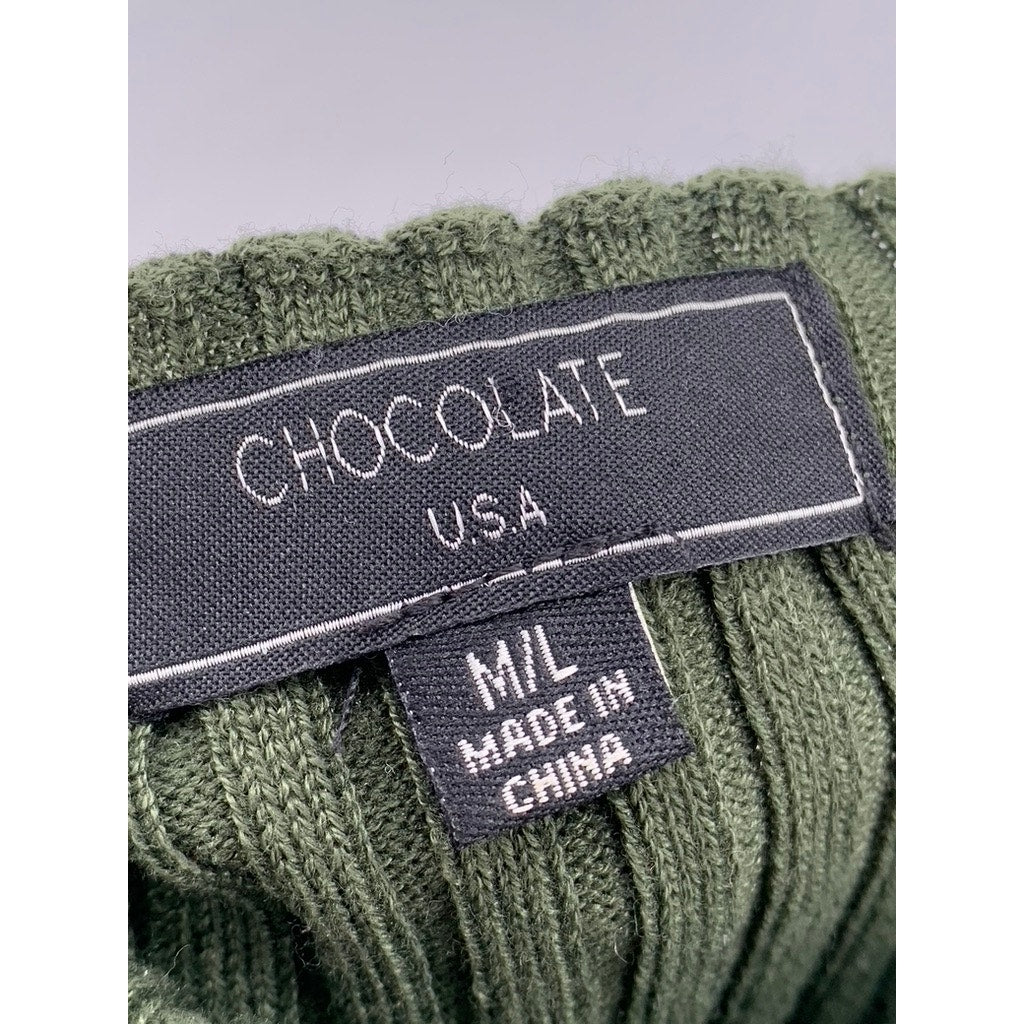 CHOCOLATE USA Women's Green Ribbed Long Sleeve Off-The-Shoulder Lace-Up Top SZML