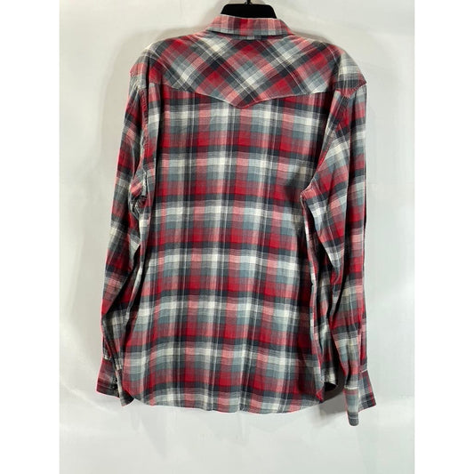 LUCKY BRAND Black Label Men's Red/Gray Plaid Classic-Fit Button-Up Shirt SZ L