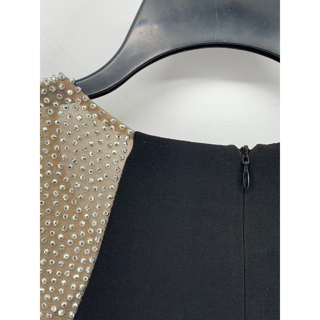 AQUA Women's Beige-Black Beaded Scoop-Neck Long Sleeve Illusion Shift Dress SZ 2