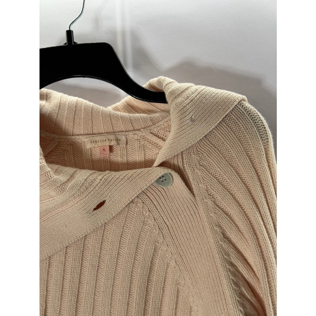 REBECCA TAYLOR Women's Pink Asymmetrical Collar Ribbed Long Sleeve Sweater SZ S