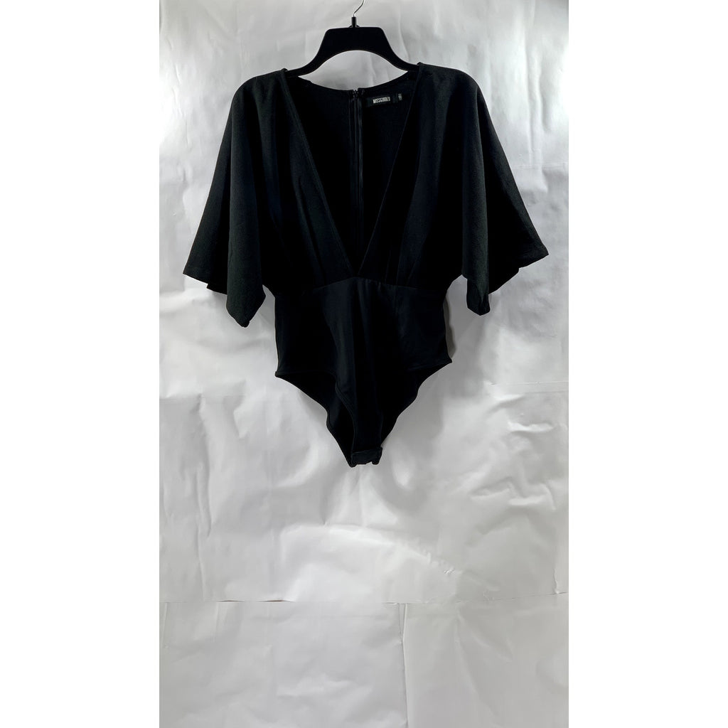 MISGUIDED Women's Black Pleated Deep V-Neck Short Sleeve Bodysuit SZ 6